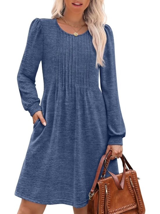 Dresses & Skirts - Women's Dark Blue Pleated Crew Neck Pockets Fall Baby Doll Sweater Mini Dress